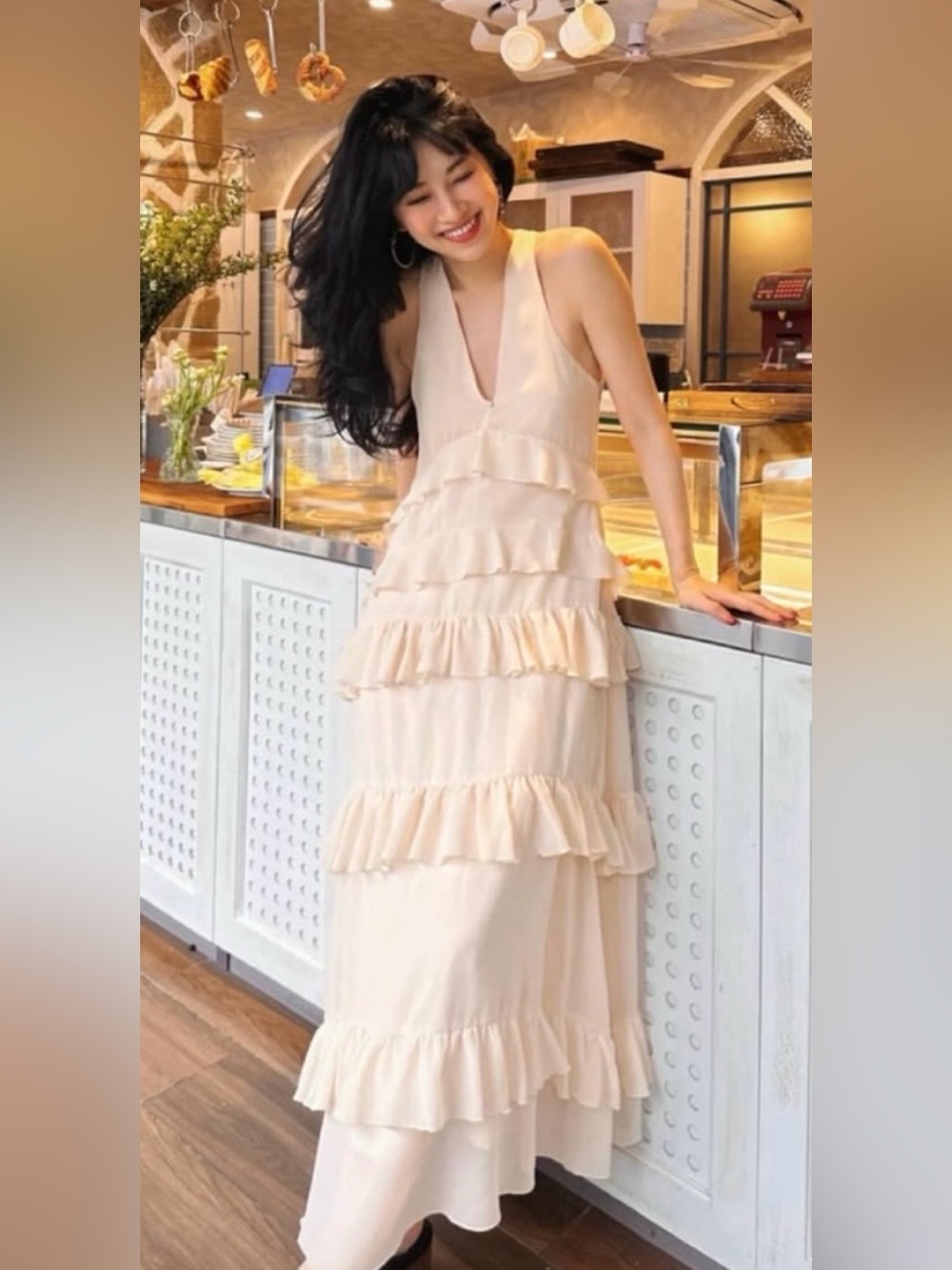 Zara Pale Peach Asymmetrical Ruffle Maxi Dress